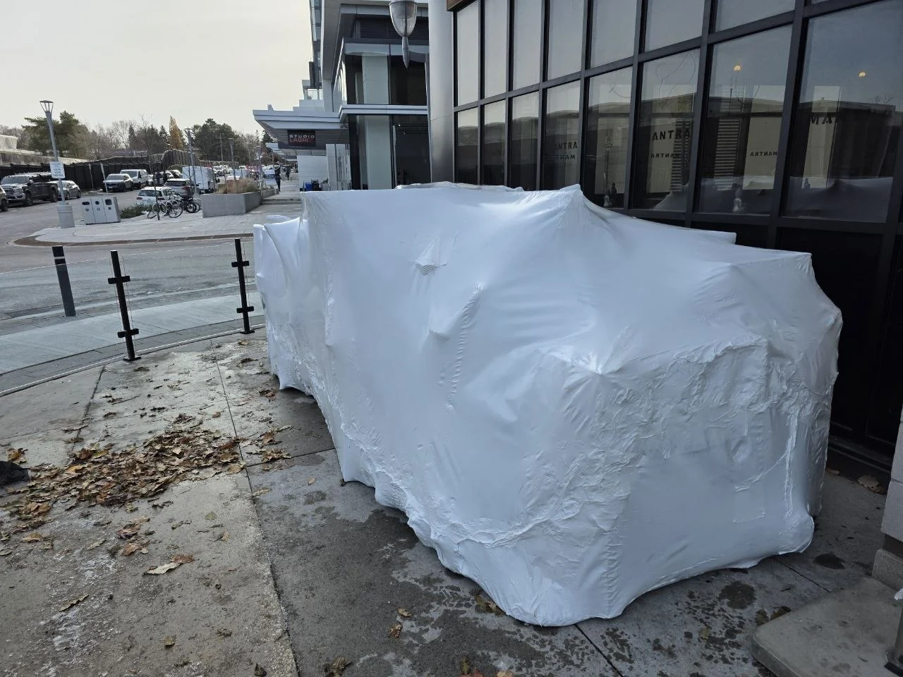 Restaurant patio inventory protected in shrink wrap